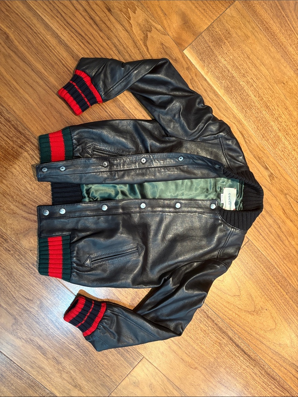 Gucci Black Leather Bomber with Red & Green Rib Trim kids